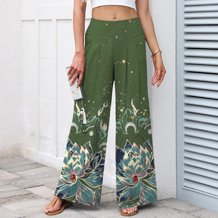 Buddha Stones Cotton Linen Lotus Bloom Pattern Women's Elastic Waist Wide Leg Pants With Pockets - image 7