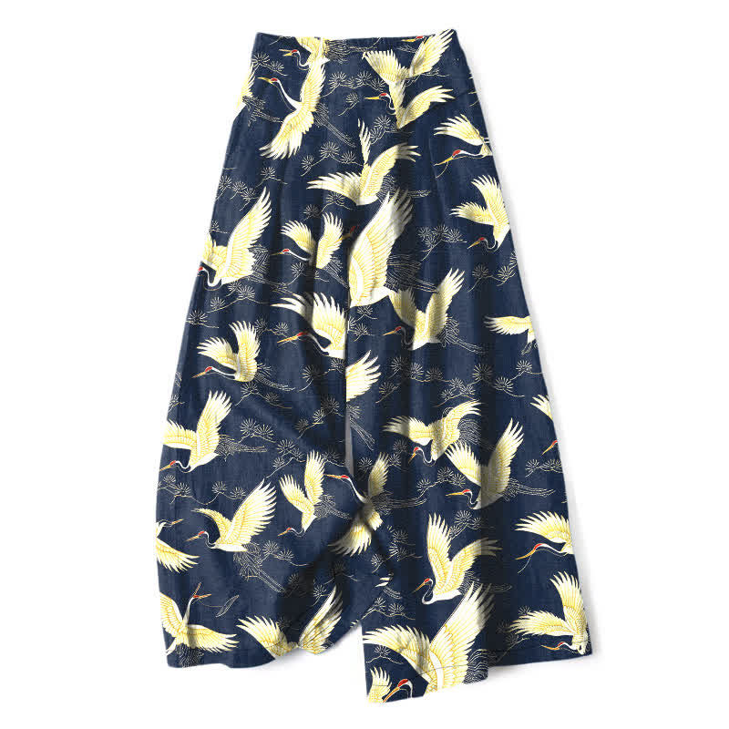 Buddha Stones Cotton Linen Gold Crane Pattern Women's Elastic Waist Wide Leg Pants With Pockets - Navy - US16，UK/AU20，EU48 (3XL) - image 0