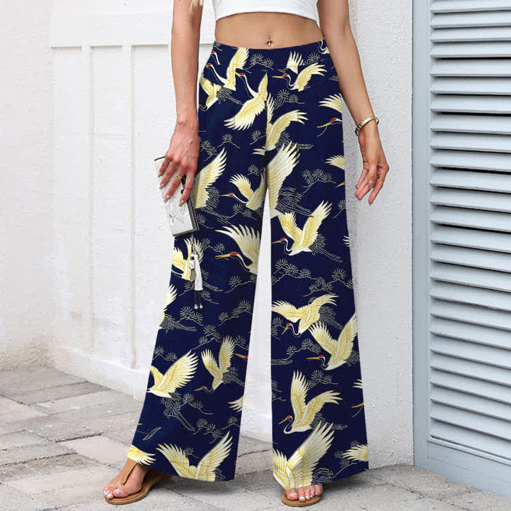Buddha Stones Cotton Linen Gold Crane Pattern Women's Elastic Waist Wide Leg Pants With Pockets - image 1