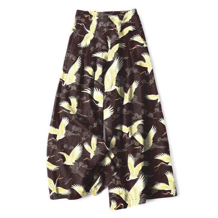 Buddha Stones Cotton Linen Gold Crane Pattern Women's Elastic Waist Wide Leg Pants With Pockets - SaddleBrown - US16，UK/AU20，EU48 (3XL) - image 4