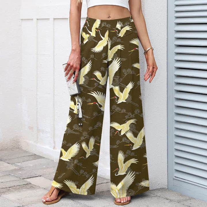 Buddha Stones Cotton Linen Gold Crane Pattern Women's Elastic Waist Wide Leg Pants With Pockets - image 7