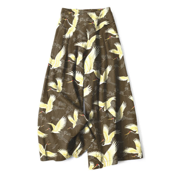 Buddha Stones Cotton Linen Gold Crane Pattern Women's Elastic Waist Wide Leg Pants With Pockets - DarkKhaki - US16，UK/AU20，EU48 (3XL) - image 6
