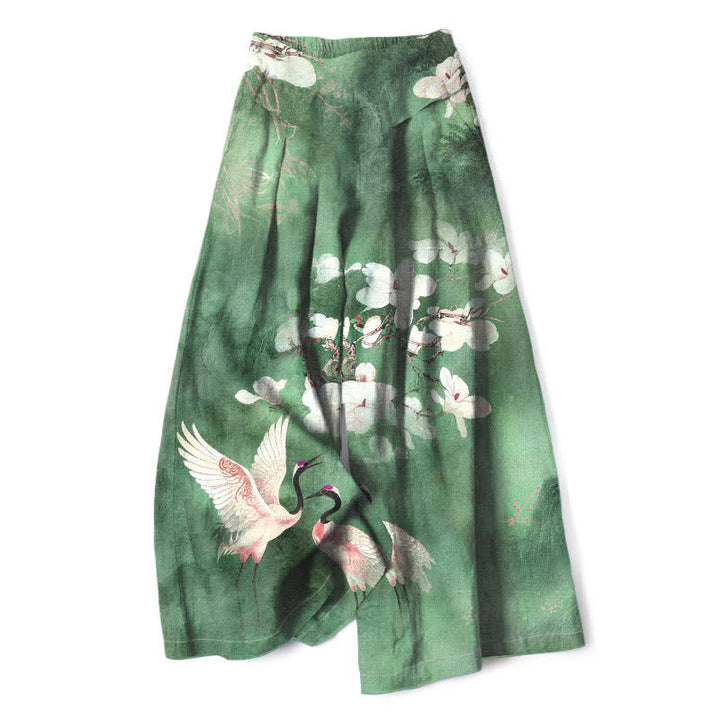 Buddha Stones Cotton Linen Crane White Floral Pattern Women's Elastic Waist Wide Leg Pants With Pockets - SeaGreen - US16，UK/AU20，EU48 (3XL) - image 0