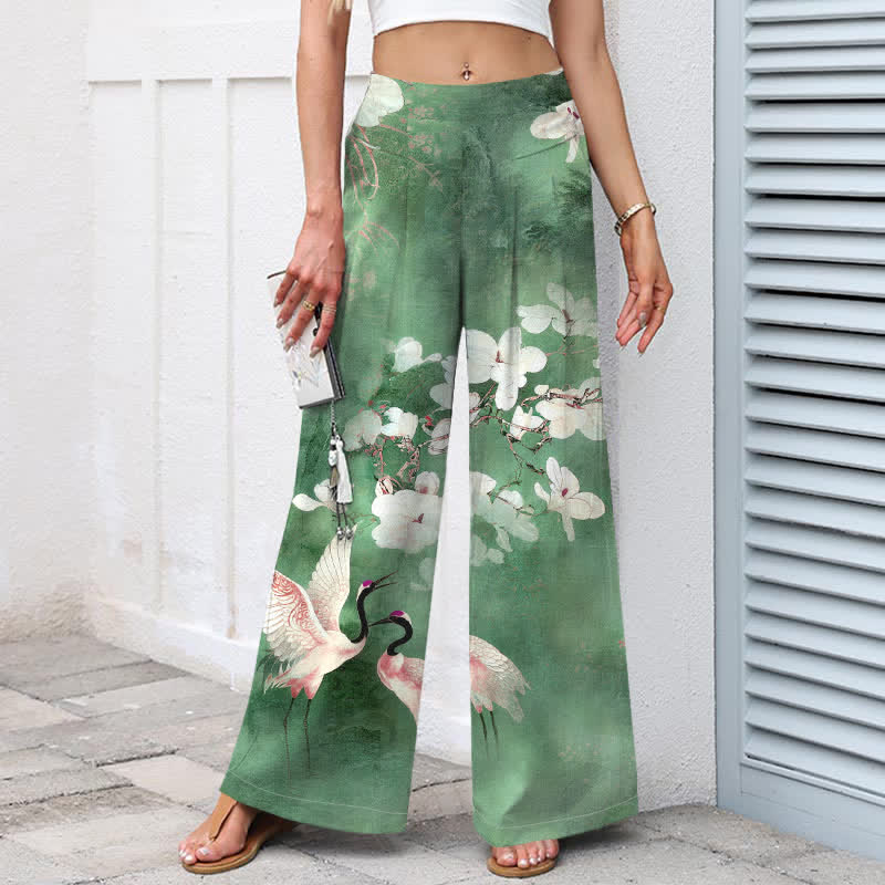 Buddha Stones Cotton Linen Crane White Floral Pattern Women's Elastic Waist Wide Leg Pants With Pockets - image 1