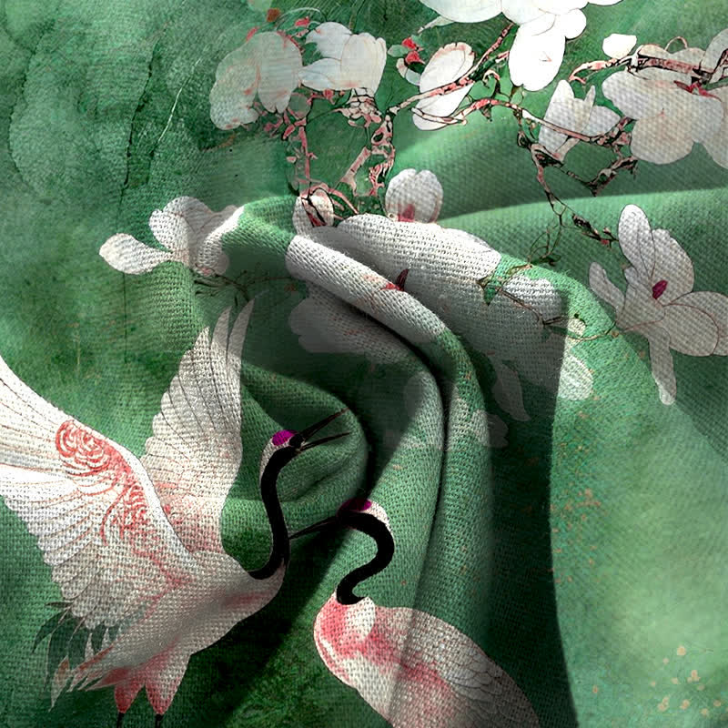 Buddha Stones Cotton Linen Crane White Floral Pattern Women's Elastic Waist Wide Leg Pants With Pockets - image 3
