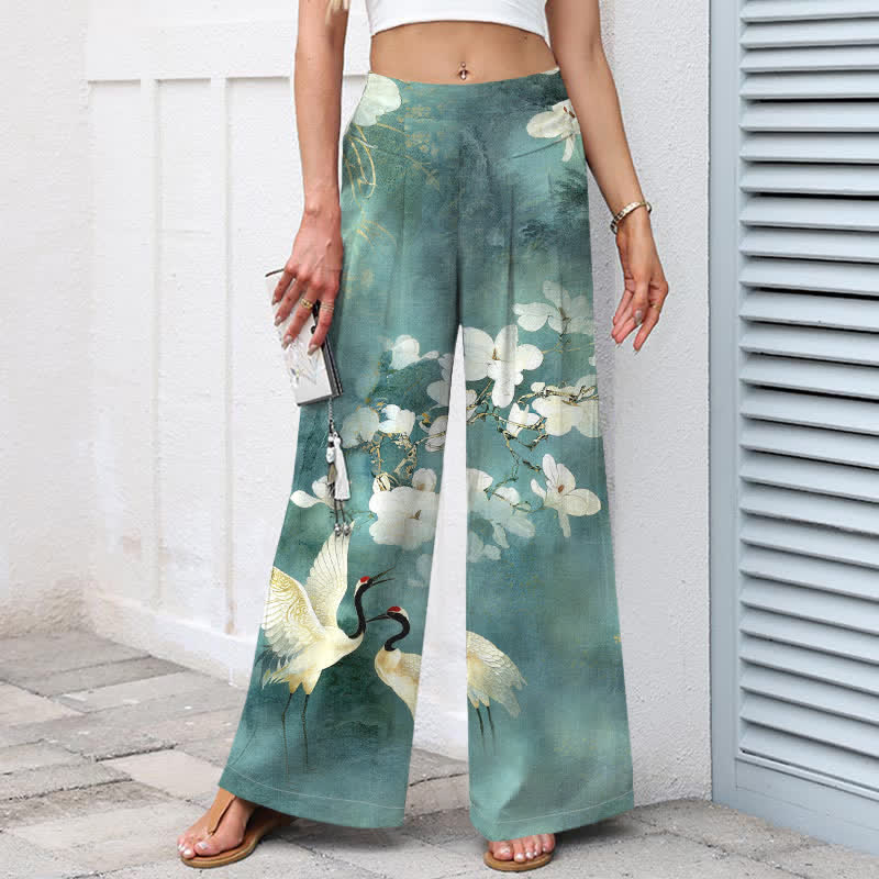 Buddha Stones Cotton Linen Crane White Floral Pattern Women's Elastic Waist Wide Leg Pants With Pockets - image 5