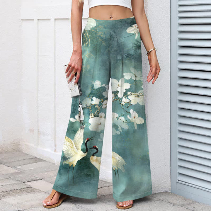 Buddha Stones Cotton Linen Crane White Floral Pattern Women's Elastic Waist Wide Leg Pants With Pockets - image 5