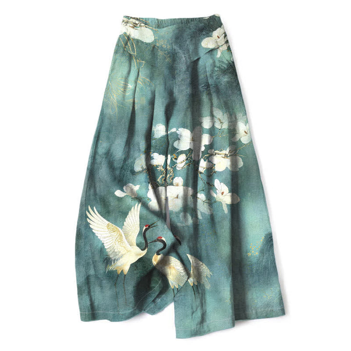 Buddha Stones Cotton Linen Crane White Floral Pattern Women's Elastic Waist Wide Leg Pants With Pockets - CadetBlue - US16，UK/AU20，EU48 (3XL) - image 4