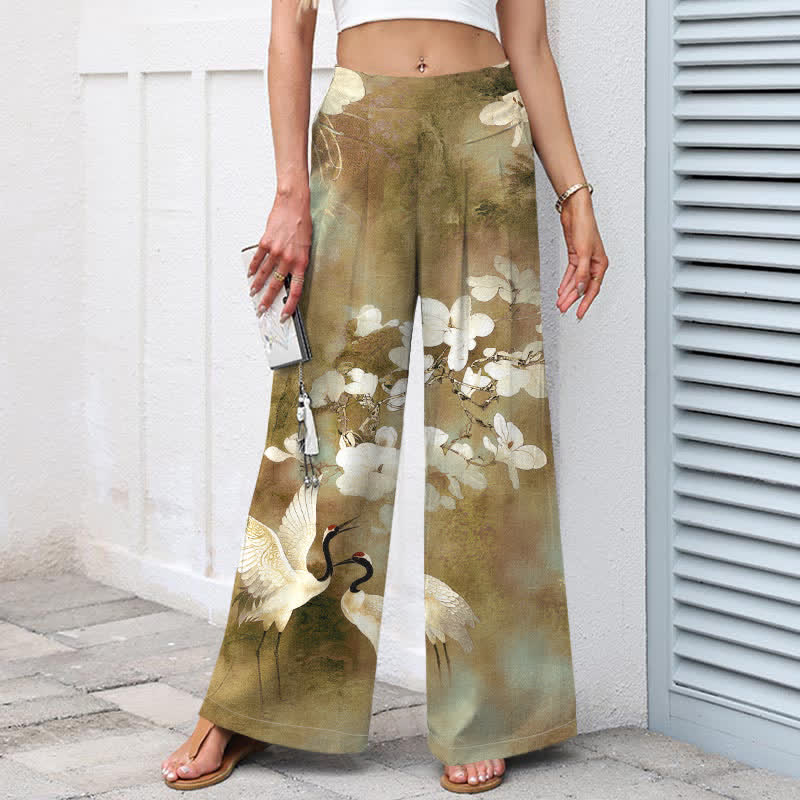 Buddha Stones Cotton Linen Crane White Floral Pattern Women's Elastic Waist Wide Leg Pants With Pockets - image 7