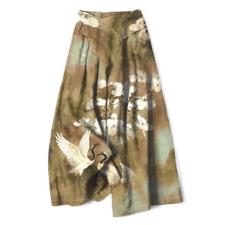 Buddha Stones Cotton Linen Crane White Floral Pattern Women's Elastic Waist Wide Leg Pants With Pockets - DarkKhaki - US16，UK/AU20，EU48 (3XL) - image 6