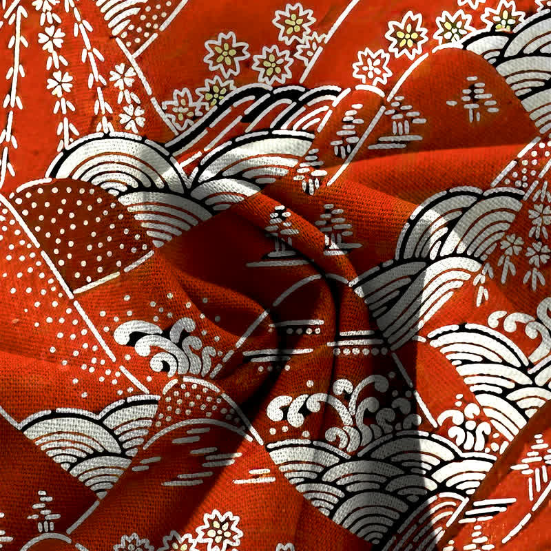 Buddha Stones Cotton Linen Japanese Wave Pattern Women's Elastic Waist Wide Leg Pants With Pockets - image 3