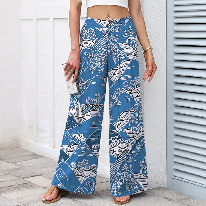Buddha Stones Cotton Linen Japanese Wave Pattern Women's Elastic Waist Wide Leg Pants With Pockets - image 7