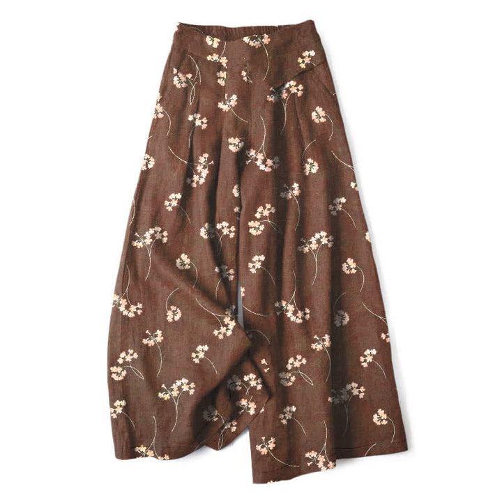 Buddha Stones Cotton Linen Floral Bouquet Pattern Women's Elastic Waist Wide Leg Pants With Pockets - Sienna - US16，UK/AU20，EU48 (3XL) - image 0