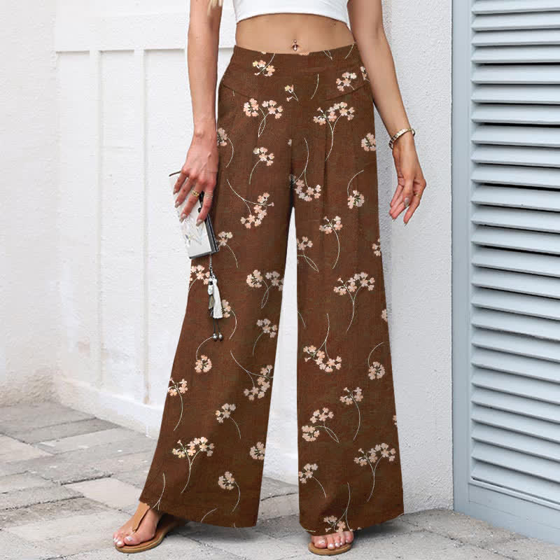 Buddha Stones Cotton Linen Floral Bouquet Pattern Women's Elastic Waist Wide Leg Pants With Pockets - image 1