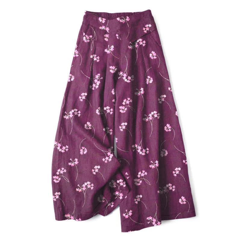Buddha Stones Cotton Linen Floral Bouquet Pattern Women's Elastic Waist Wide Leg Pants With Pockets - Purple - US16，UK/AU20，EU48 (3XL) - image 4