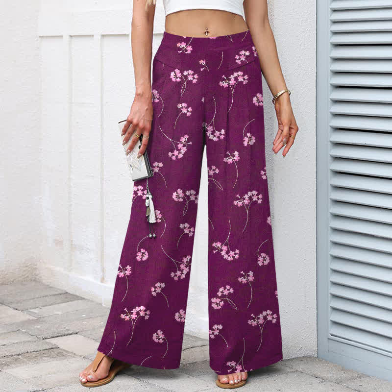 Buddha Stones Cotton Linen Floral Bouquet Pattern Women's Elastic Waist Wide Leg Pants With Pockets - image 5
