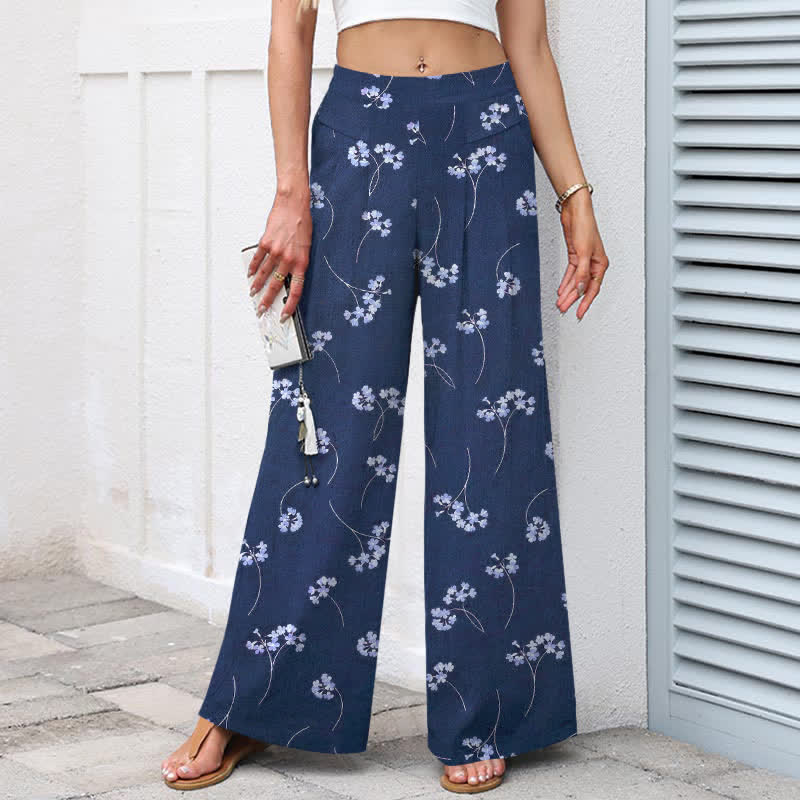 Buddha Stones Cotton Linen Floral Bouquet Pattern Women's Elastic Waist Wide Leg Pants With Pockets - image 7