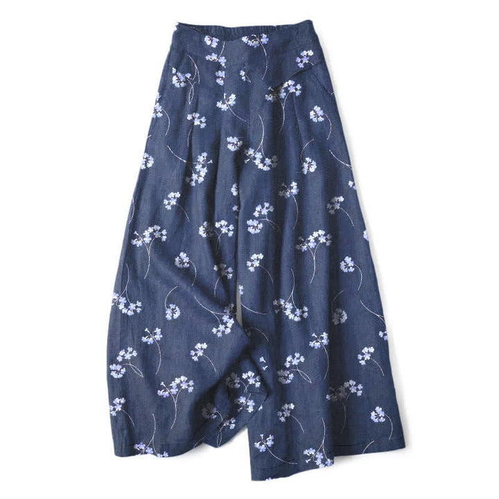 Buddha Stones Cotton Linen Floral Bouquet Pattern Women's Elastic Waist Wide Leg Pants With Pockets - SteelBlue - US16，UK/AU20，EU48 (3XL) - image 6