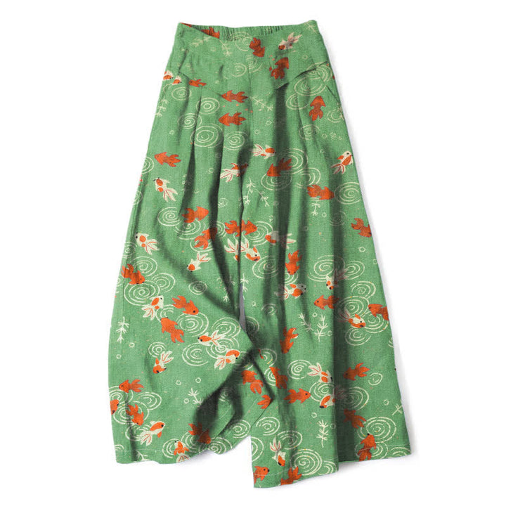 Buddha Stones Cotton Linen Koi Fish Pattern Women's Elastic Waist Wide Leg Pants With Pockets - LimeGreen - US16，UK/AU20，EU48 (3XL) - image 4