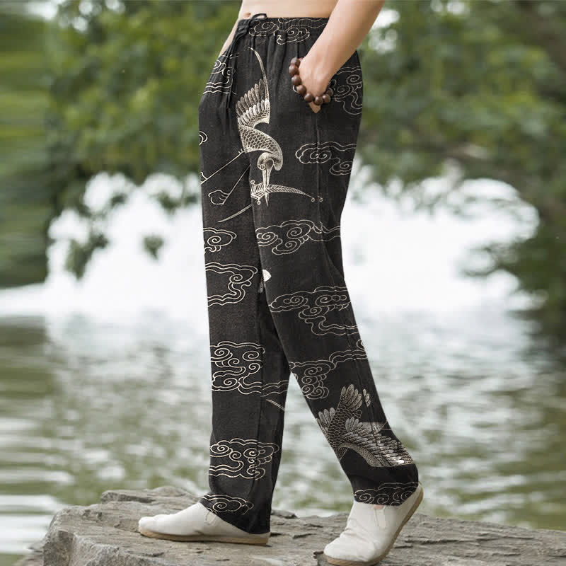 Buddha Stones Cotton White Crane Auspicious Cloud Pattern Men's Tapered Pants With Pockets - image 5