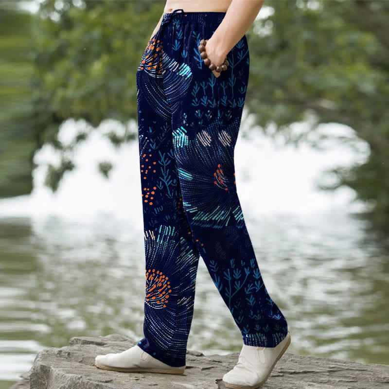 Buddha Stones Cotton Blooming Floral Pattern Men's Tapered Pants With Pockets - image 1