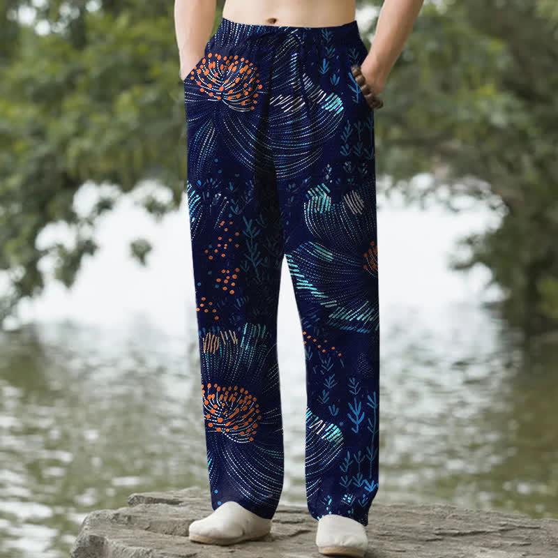 Buddha Stones Cotton Blooming Floral Pattern Men's Tapered Pants With Pockets - Navy - US/UK/AU50，EU60 (5XL) - image 0