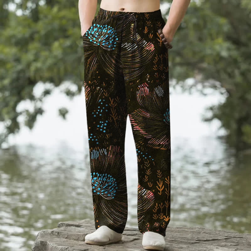 Buddha Stones Cotton Blooming Floral Pattern Men's Tapered Pants With Pockets - Black - US/UK/AU50，EU60 (5XL) - image 4