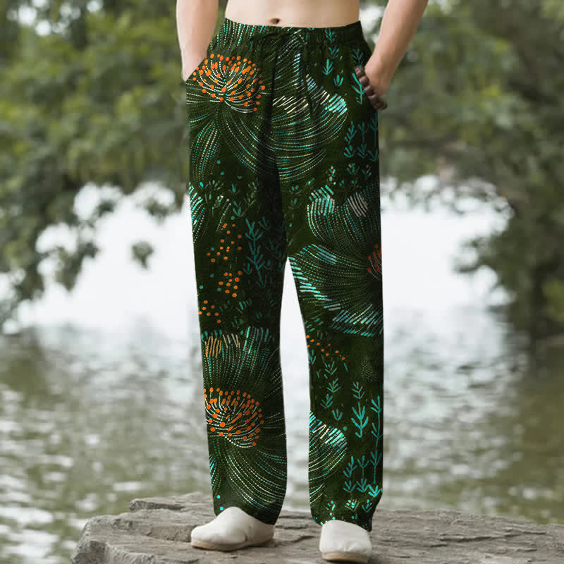 Buddha Stones Cotton Blooming Floral Pattern Men's Tapered Pants With Pockets - DarkGreen - US/UK/AU50，EU60 (5XL) - image 6