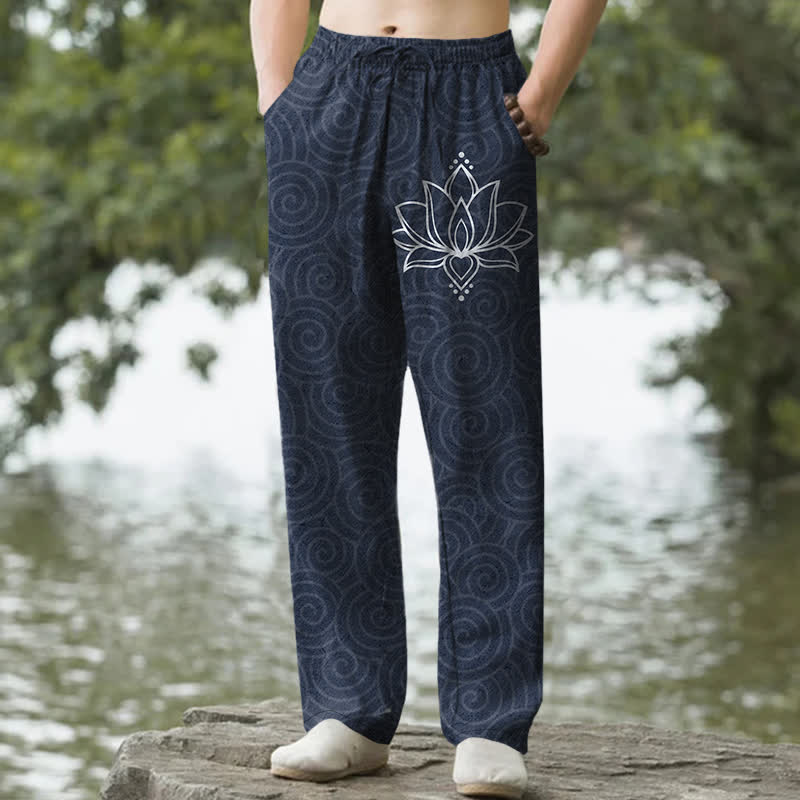 Buddha Stones Cotton White Lotus Spiral Pattern Men's Tapered Pants With Pockets - Navy - US/UK/AU50，EU60 (5XL) - image 6