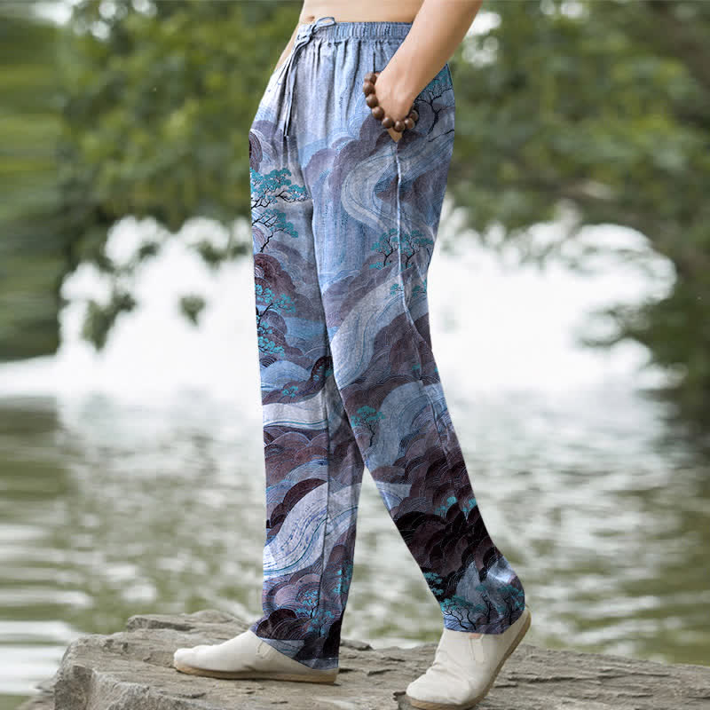 Buddha Stones Cotton Floral Mountain And River Pattern Men's Tapered Pants With Pockets - image 5