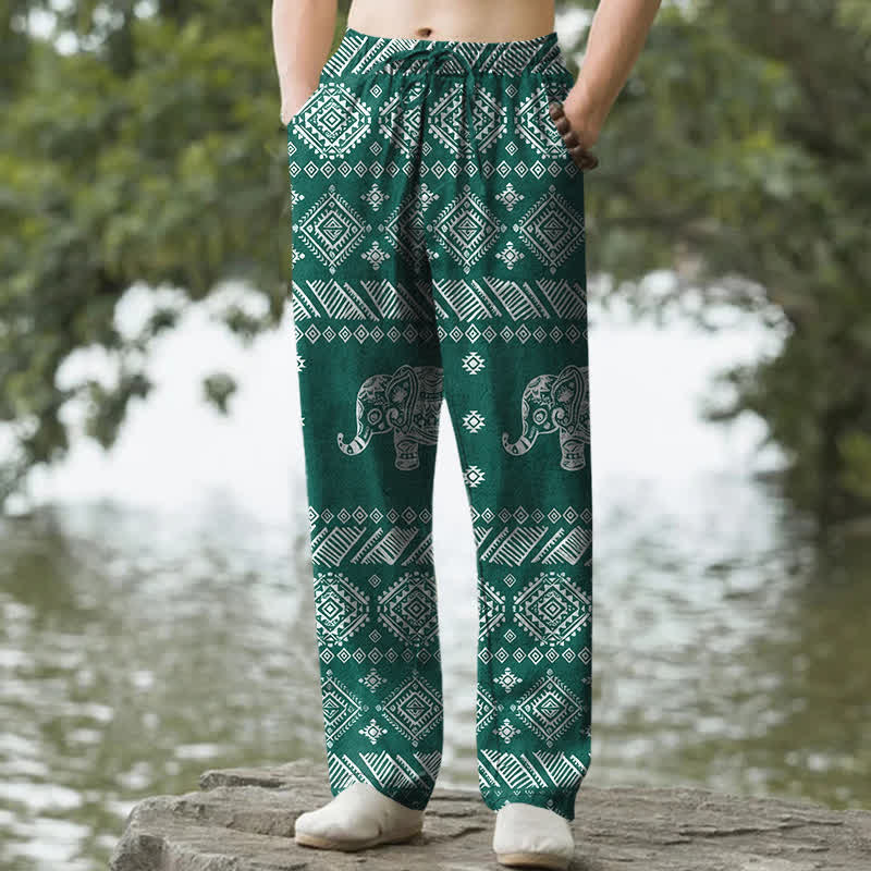 Buddha Stones Cotton Elephant Tribal Pattern Men's Tapered Pants With Pockets - DarkCyan - US/UK/AU50，EU60 (5XL) - image 0