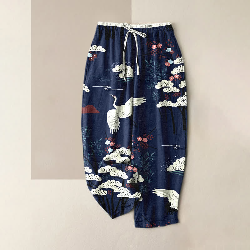 Buddha Stones Pure Cotton Graceful Crane And White Tree Pattern Women's Elastic Waist Pants With Pockets - Navy - US16，UK/AU20，EU48 (3XL) - image 0