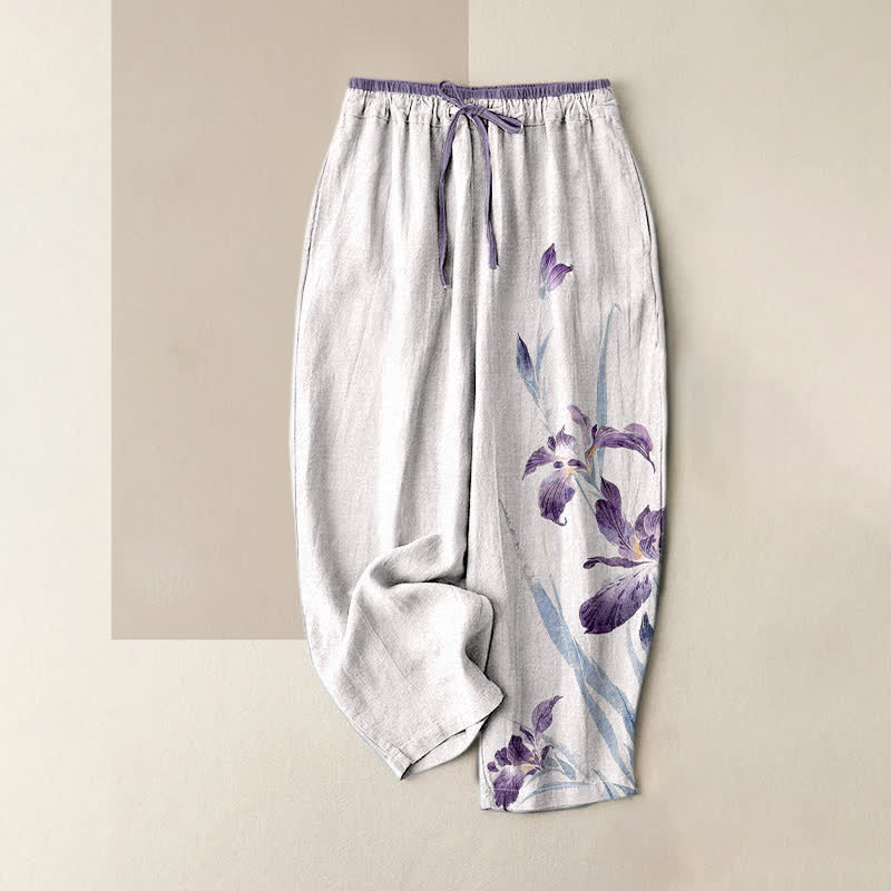 Buddha Stones Pure Cotton Graceful Iris Pattern Women's Elastic Waist Pants With Pockets - WhiteSmoke - US16，UK/AU20，EU48 (3XL) - image 0