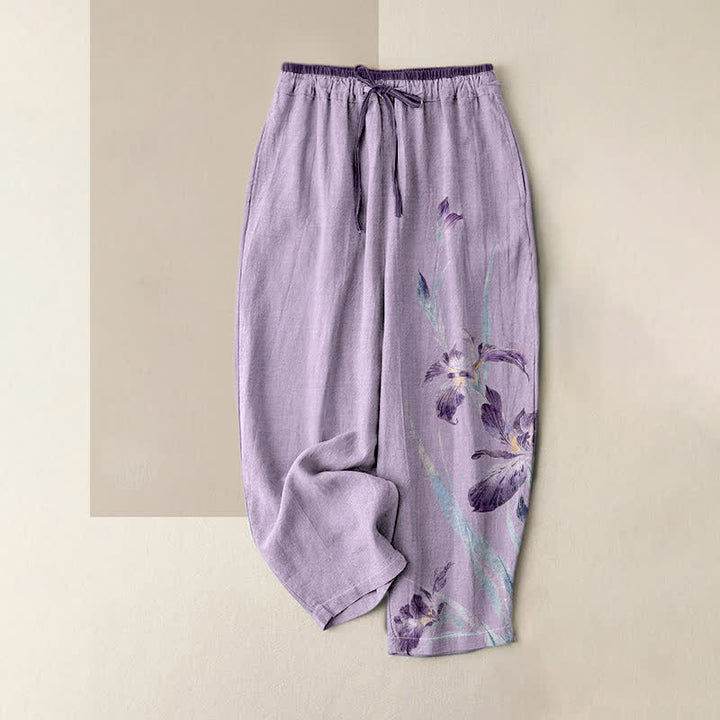 Buddha Stones Pure Cotton Graceful Iris Pattern Women's Elastic Waist Pants With Pockets - Lavender - US16，UK/AU20，EU48 (3XL) - image 3