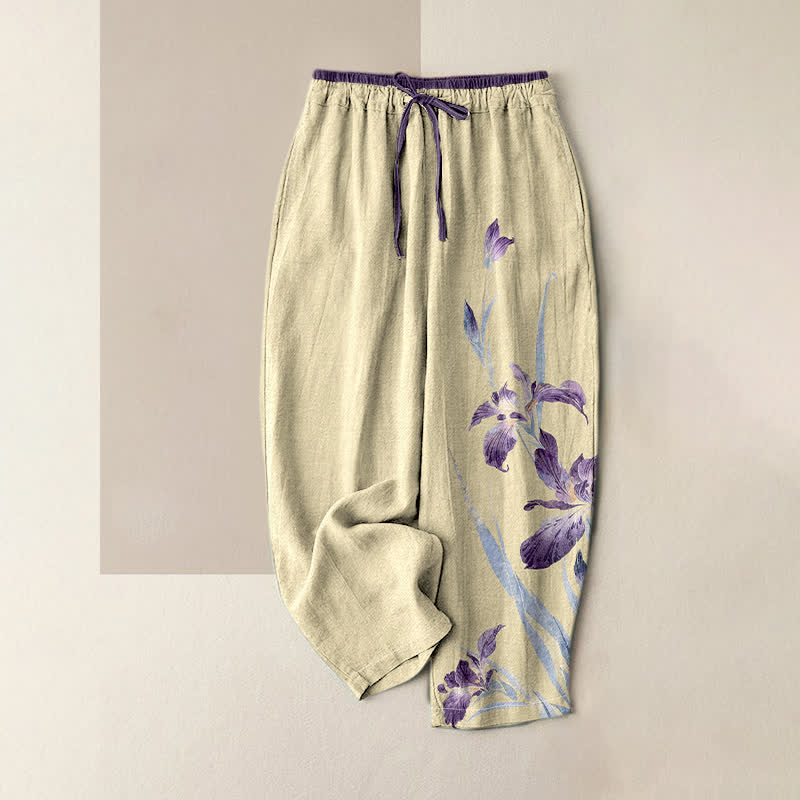 Buddha Stones Pure Cotton Graceful Iris Pattern Women's Elastic Waist Pants With Pockets - LemonChiffon - US16，UK/AU20，EU48 (3XL) - image 4