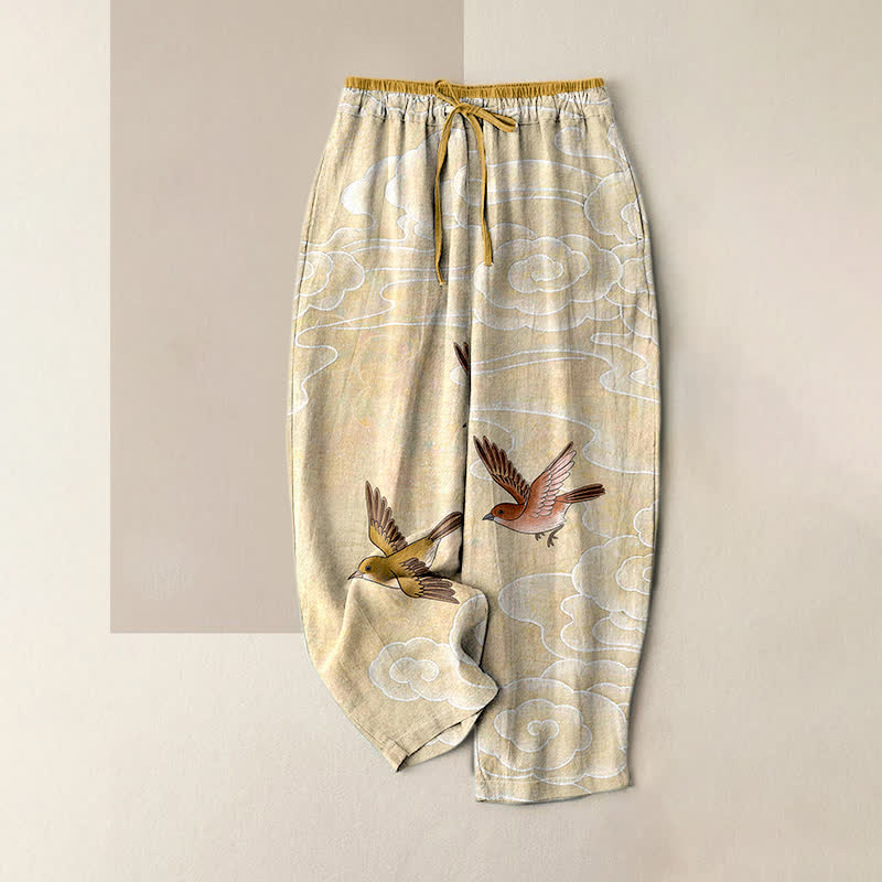 Buddha Stones Pure Cotton Cloud and Flying Bird Pattern Women's Elastic Waist Pants With Pockets - LemonChiffon - US16，UK/AU20，EU48 (3XL) - image 0