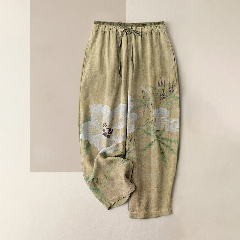 Buddha Stones Pure Cotton White Floral Leaf Pattern Women's Elastic Waist Pants With Pockets - DarkKhaki - US16，UK/AU20，EU48 (3XL) - image 0