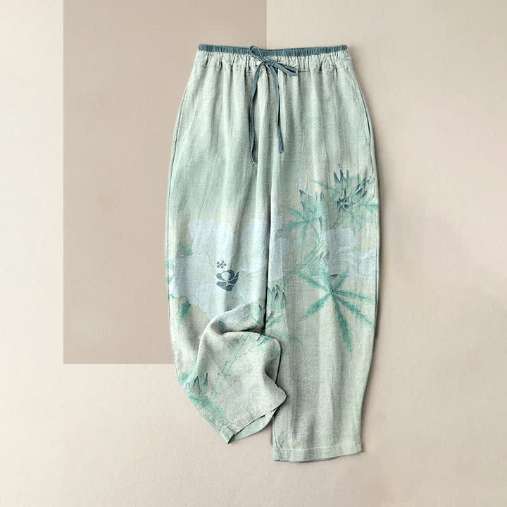Buddha Stones Pure Cotton White Floral Leaf Pattern Women's Elastic Waist Pants With Pockets - LightCyan - US16，UK/AU20，EU48 (3XL) - image 3