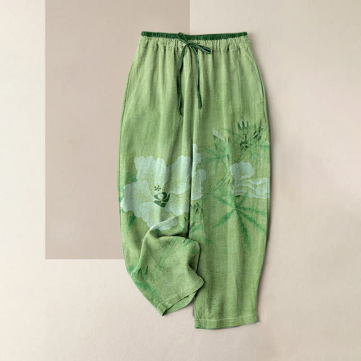 Buddha Stones Pure Cotton White Floral Leaf Pattern Women's Elastic Waist Pants With Pockets - LightGreen - US16，UK/AU20，EU48 (3XL) - image 4