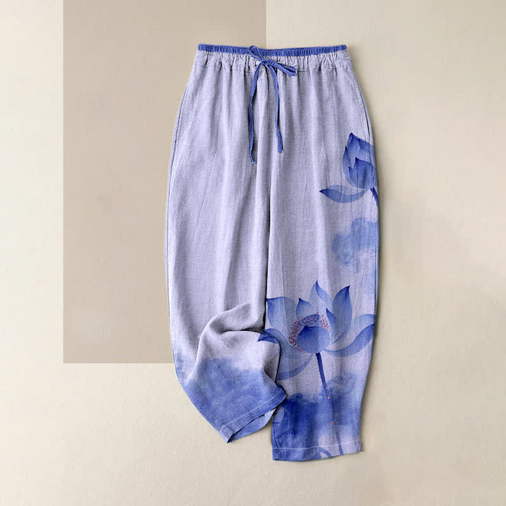 Buddha Stones Pure Cotton Lotus Ink Pattern Women's Elastic Waist Pants With Pockets - MediumSlateBlue - US16，UK/AU20，EU48 (3XL) - image 3