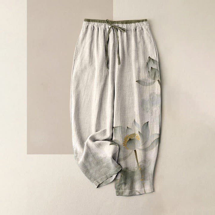 Buddha Stones Pure Cotton Lotus Ink Pattern Women's Elastic Waist Pants With Pockets - Linen - US16，UK/AU20，EU48 (3XL) - image 4
