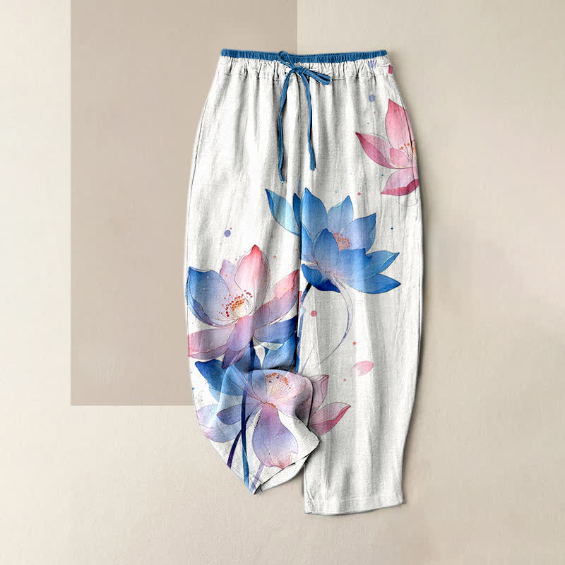 Buddha Stones Pure Cotton Watercolor Lotus Pattern Women's Elastic Waist Pants With Pockets - White - US16，UK/AU20，EU48 (3XL) - image 0