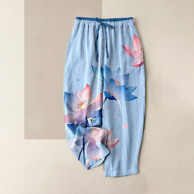 Buddha Stones Pure Cotton Watercolor Lotus Pattern Women's Elastic Waist Pants With Pockets - LightBlue - US16，UK/AU20，EU48 (3XL) - image 4