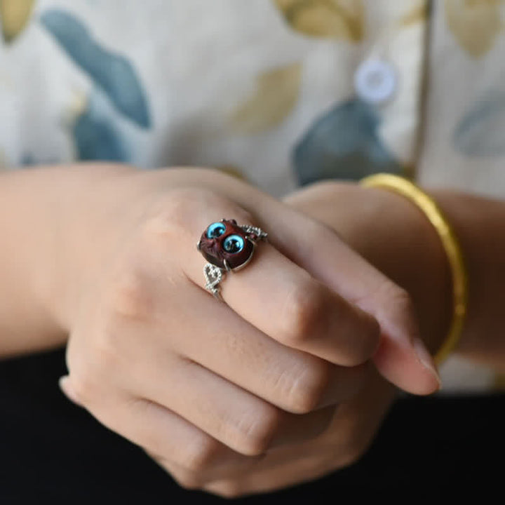 Buddha Stones Small Leaf Red Sandalwood Cat Longevity Adjustable Ring - image 10