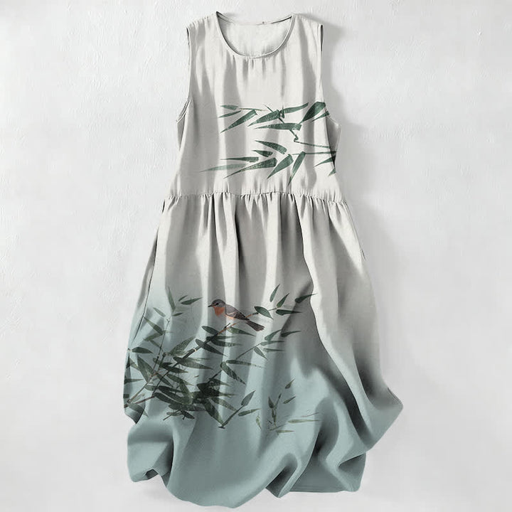 Buddha Stones Summer Casual Bamboo Bird Pattern Women's Summer Sleeveless Midi Dress With Pockets - AliceBlue - US16，UK/AU20，EU48 (3XL) - image 0