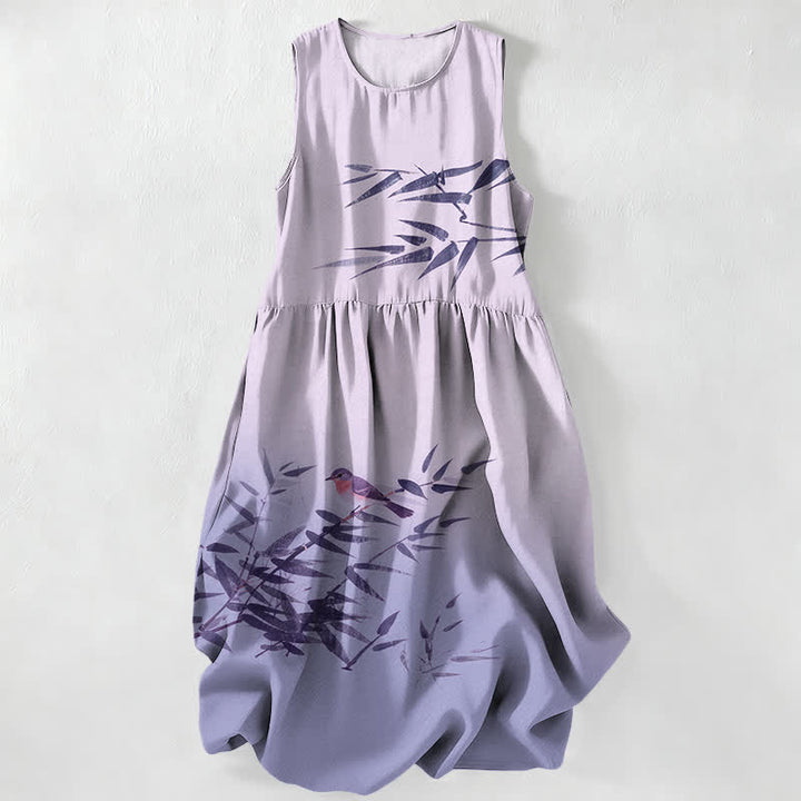 Buddha Stones Summer Casual Bamboo Bird Pattern Women's Summer Sleeveless Midi Dress With Pockets - Lavender - US16，UK/AU20，EU48 (3XL) - image 4