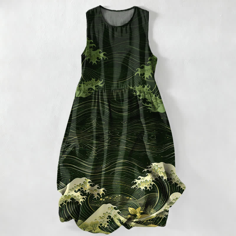 Buddha Stones Summer Casual Ukiyoe Ocean Waves Pattern Women's Summer Sleeveless Midi Dress With Pockets - DarkGreen - US16，UK/AU20，EU48 (3XL) - image 5