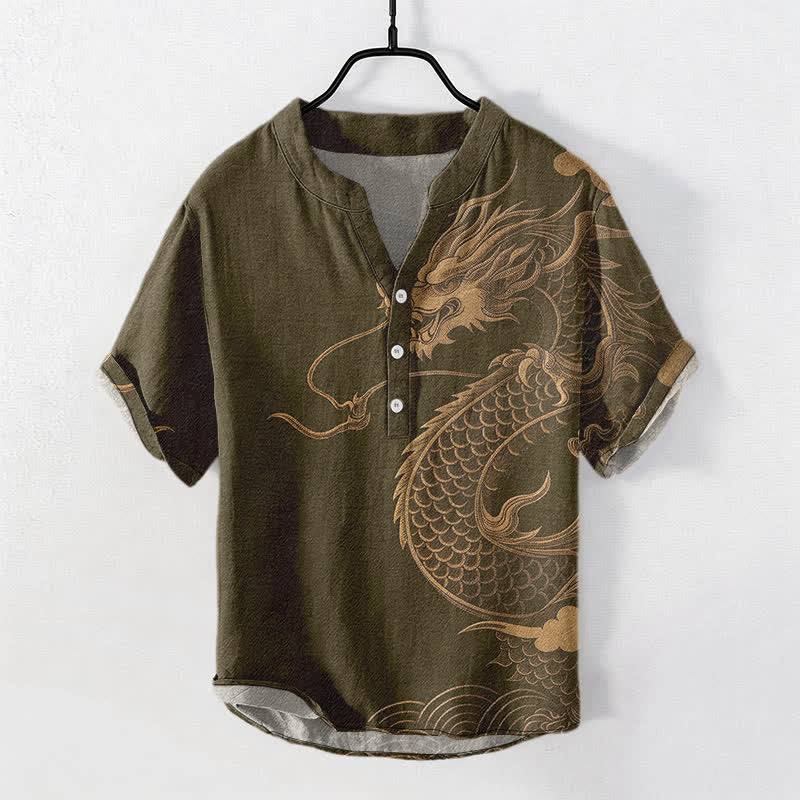 Buddha Stones Cotton Golden Dragon Pattern Men's Short Sleeve Half Button Shirt - Olive - US/UK/AU50，EU60 (5XL) - image 0