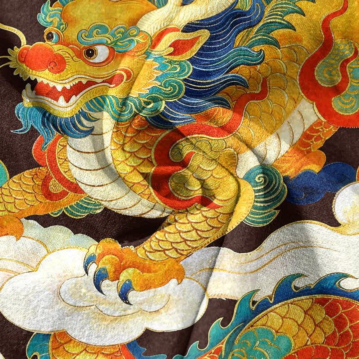 Buddha Stones Cotton Golden Dragon Auspicious Clouds Pattern Men's Short Sleeve Half Button Shirt - image 4