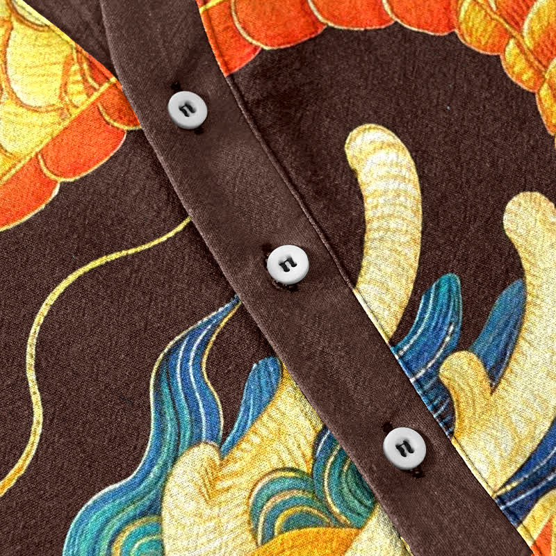 Buddha Stones Cotton Golden Dragon Auspicious Clouds Pattern Men's Short Sleeve Half Button Shirt - image 3
